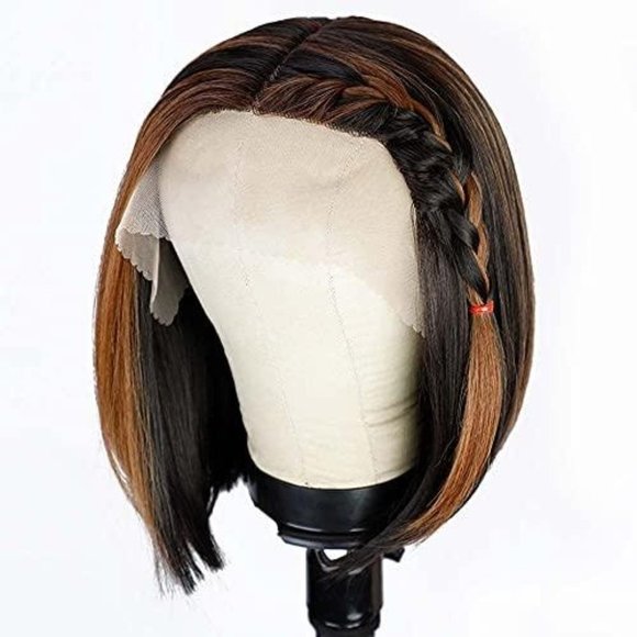 Short Straight Bob Highlights T Lace Front Wigs - Picture 3 of 8